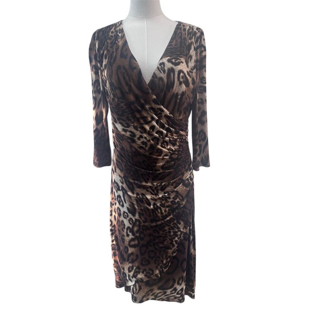Like New Kay Unger Leopard Print Faux Wrap Dress Size 10 Knee Length 3/4 Sleeve